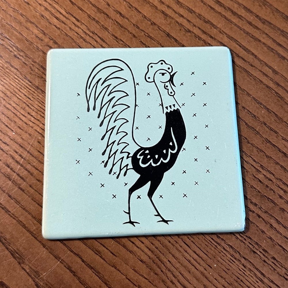 Vintage Frigidaire Pot Rooster Porcelain Enamel Trivet Aqua Mid Century‎ Modern